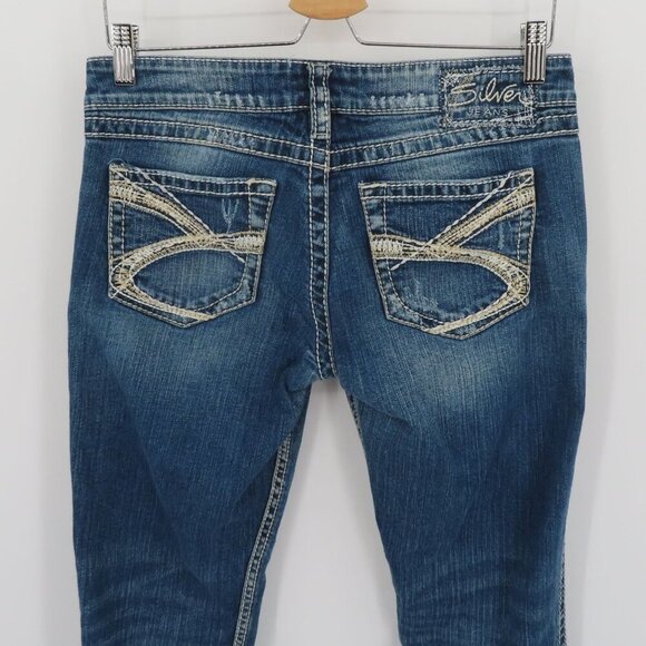 Silver Jeans Women 5 Twisted Bootcut Distressed Denim Solid Blue White Seams - Picture 9 of 15